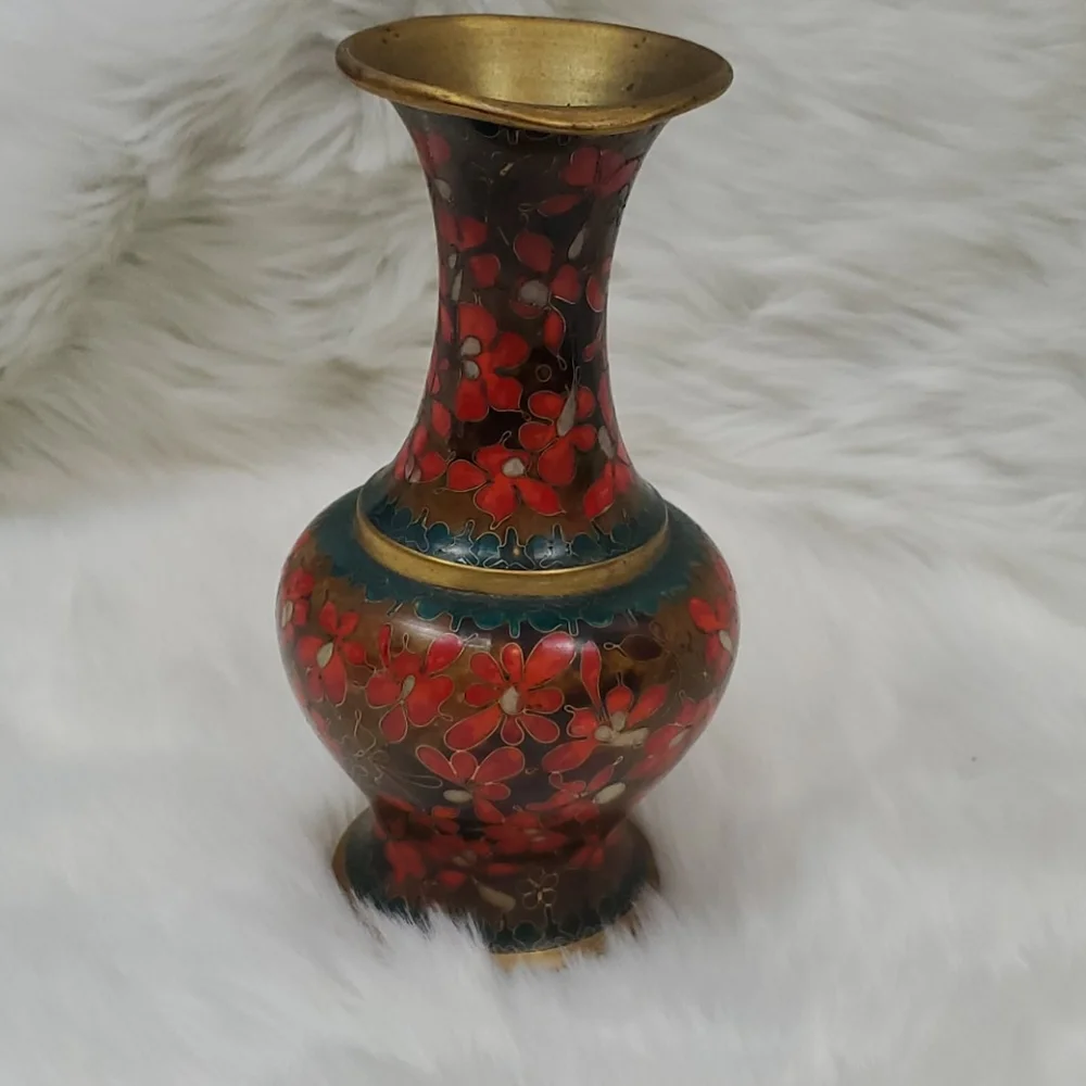 Vintage Cloisonn Vases Set 2 Red Blue Robert Kuo's Chinese metal Enamel Floral